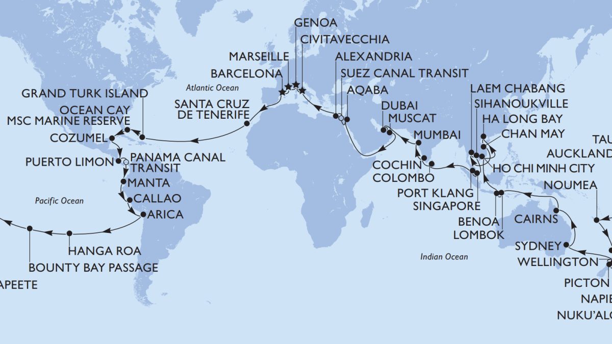 Jorden runt-kryssning genom fem världsdelar