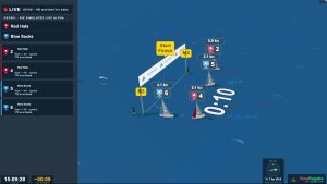 Grafik med ett symboler för ett antal segelbåtar och olika markeringar och siffror.
