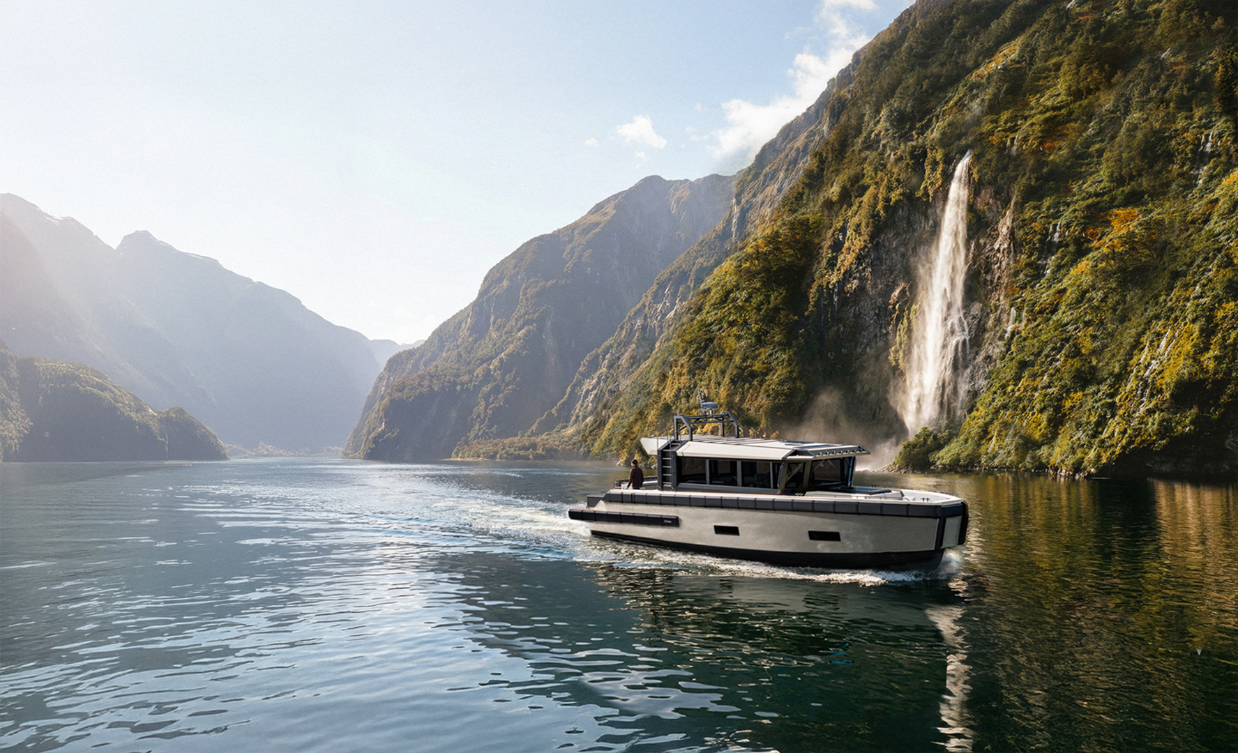 Rendering av en större aluminiumbåt som glider fram på en fjord. Höga, branta berg runt om.