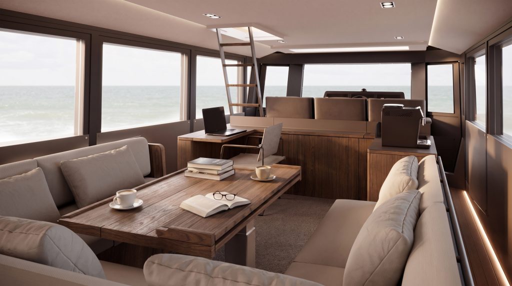 Rendering av salongen i en lyxig motorbåt. Inredning i beige, brunt och svart.
